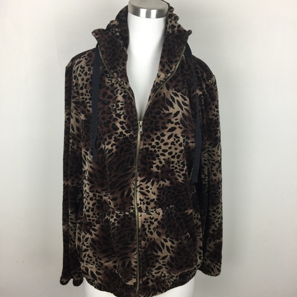 ELLEN TRACY ACTIVE Animal Print Velour Zipper Track Jacket LARGE - Picture 4 of 11